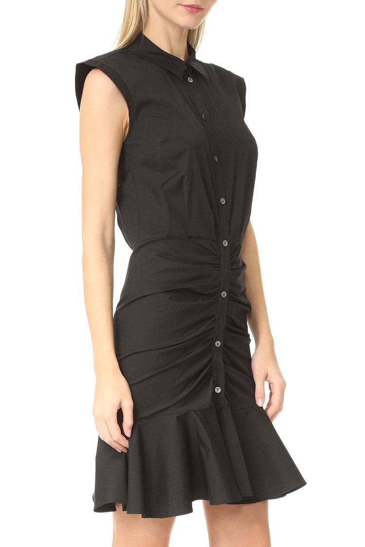 Fishtail Flowy Button Up Sleeveless Ruched Shirt Mini Dress - Black