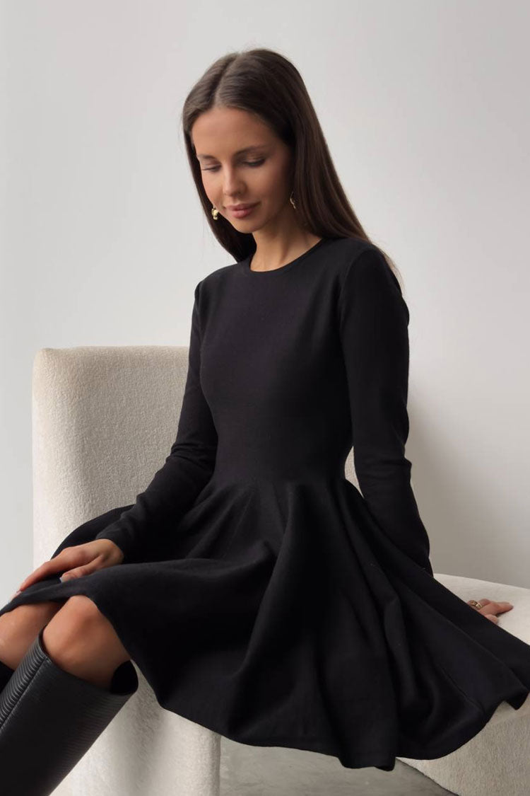 French Flowy Style Crew Neck Long Sleeve Fit and Flare Sweater Mini Dress - Black
