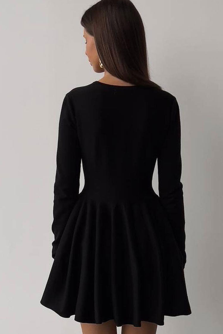 French Flowy Style Crew Neck Long Sleeve Fit and Flare Sweater Mini Dress - Black