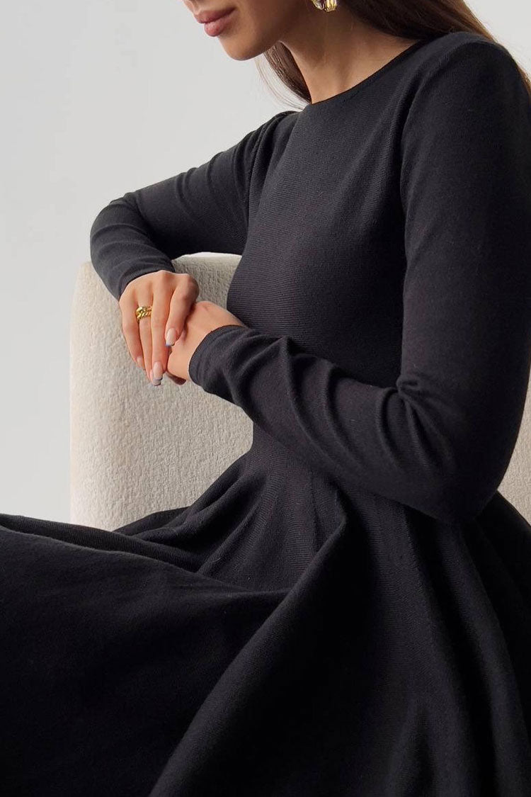 French Flowy Style Crew Neck Long Sleeve Fit and Flare Sweater Mini Dress - Black