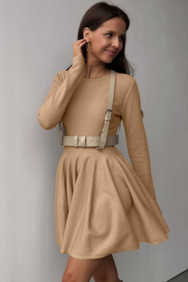 French Flowy Style Crew Neck Long Sleeve Fit and Flare Sweater Mini Dress - Khaki