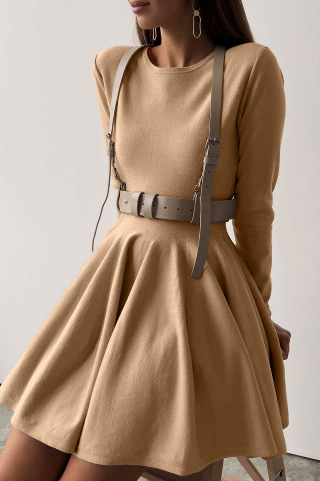 French Flowy Style Crew Neck Long Sleeve Fit and Flare Sweater Mini Dress - Khaki