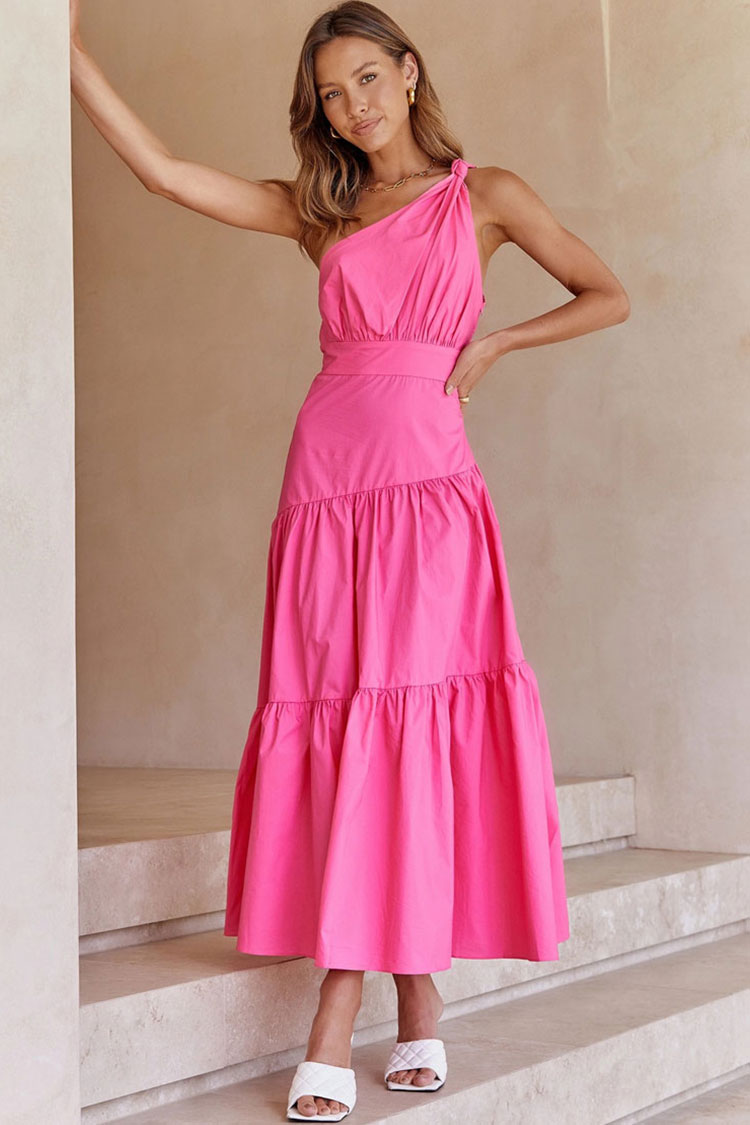 One Flowy Shoulder Tiered Beach Vacation Midi Dress - Rose