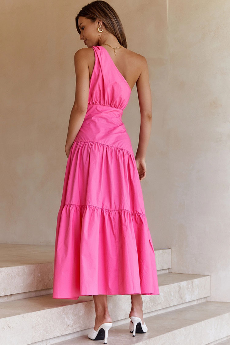 One Flowy Shoulder Tiered Beach Vacation Midi Dress - Rose
