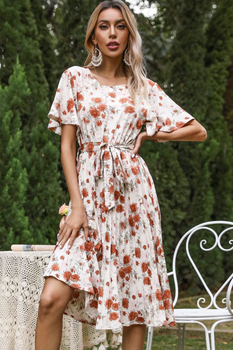Flowy Round Neck Short Sleeve Pleated Bloom Printed Midi Dress - White