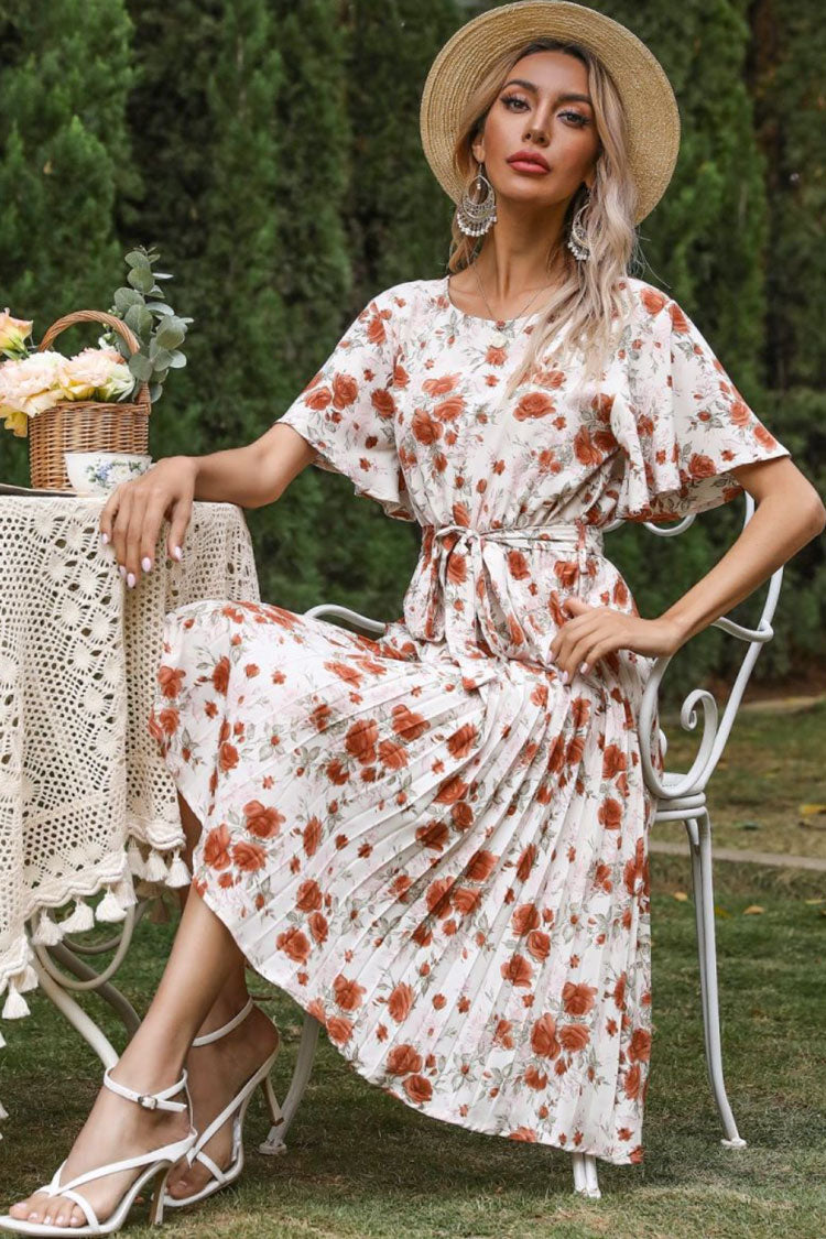 Flowy Round Neck Short Sleeve Pleated Bloom Printed Midi Dress - White