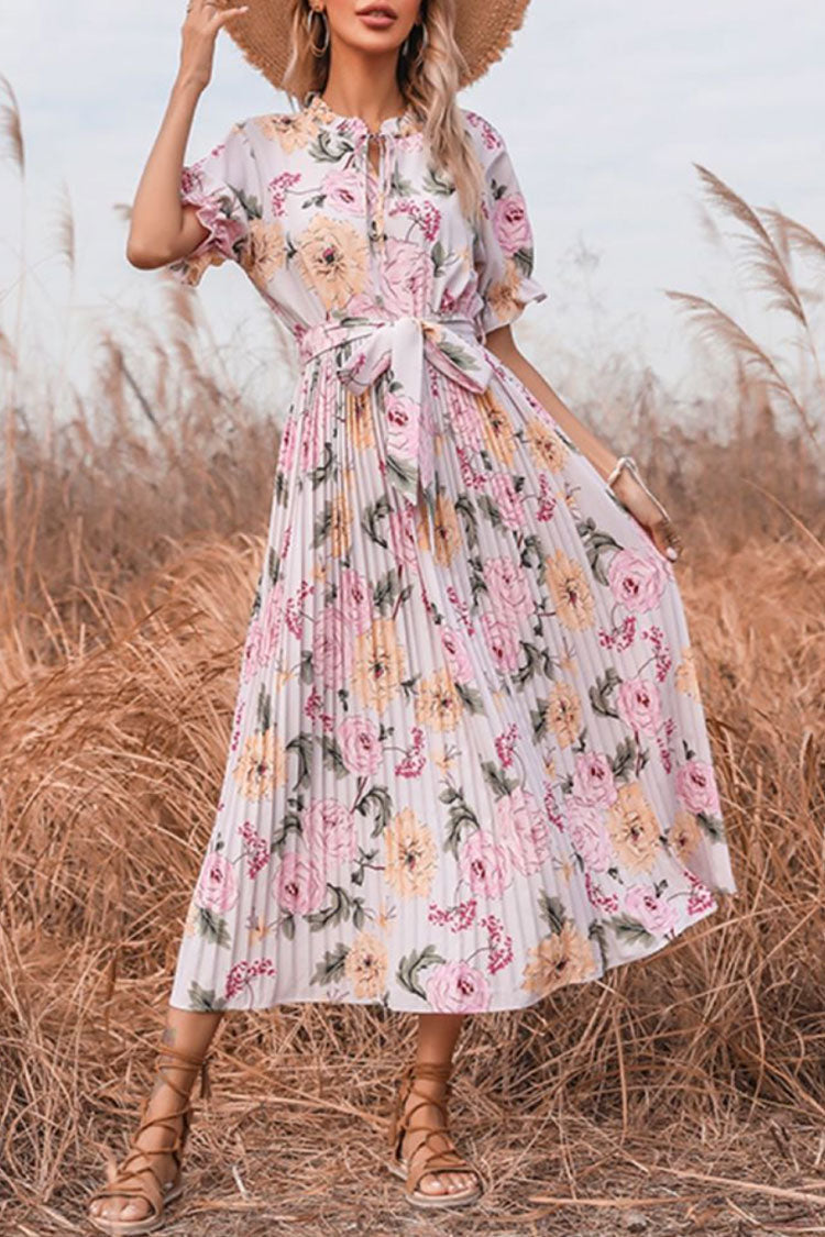 Flowy Tie Neck Puff Sleeve Pleated Bloom Printed Midi Dress - Pink