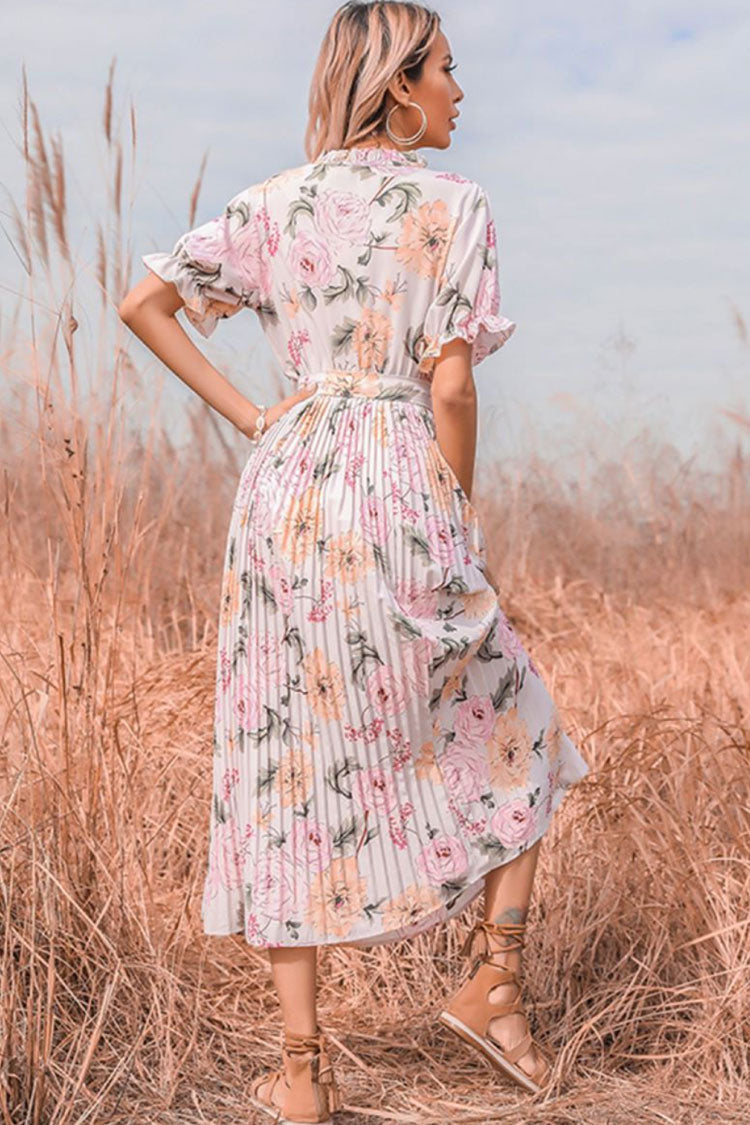 Flowy Tie Neck Puff Sleeve Pleated Bloom Printed Midi Dress - Pink