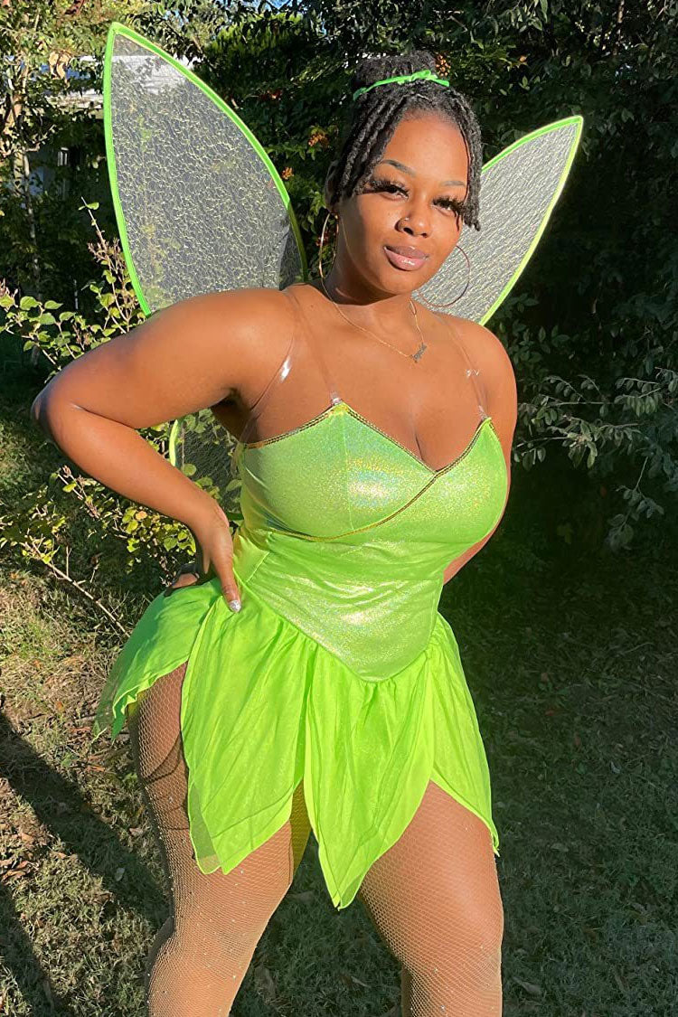 Fairy Forest Elf Cosplay Wing Petal Hem Halloween Party Mini Dress - Light Green