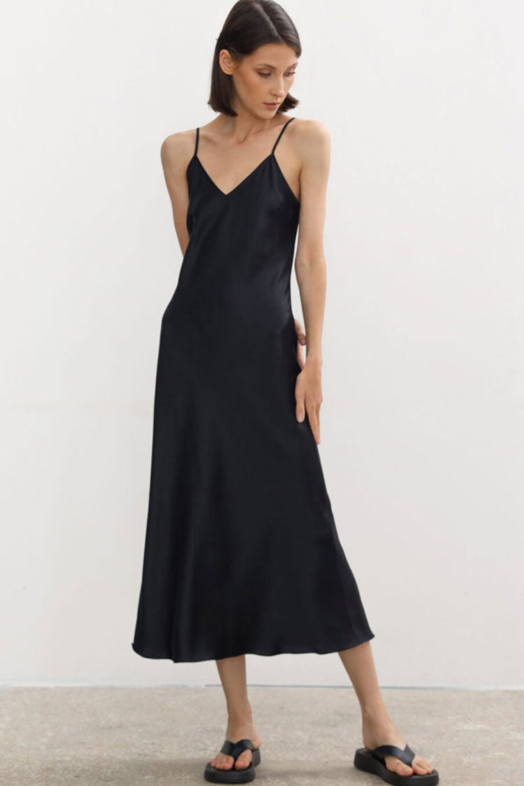 Chic French V Neck Spaghetti Strap Satin Slip Midi Dress - Black