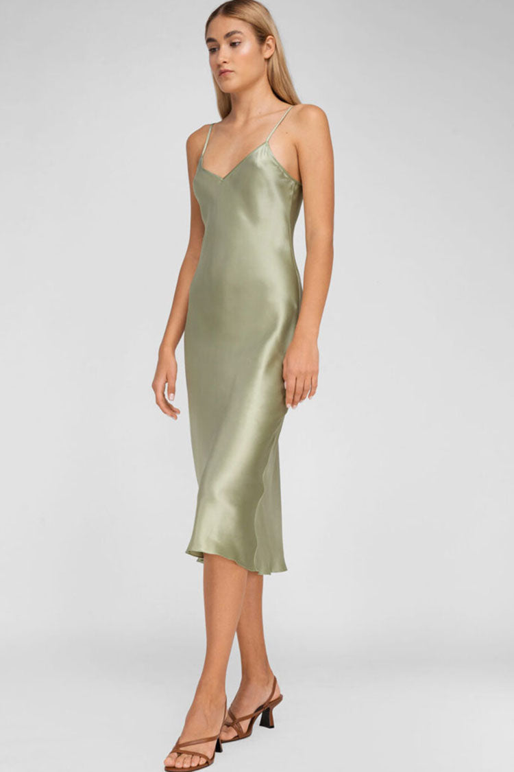 Chic French V Neck Spaghetti Strap Satin Slip Midi Dress - Light Green