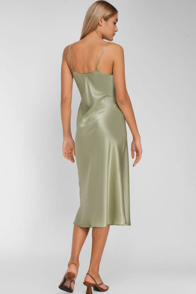 Chic French V Neck Spaghetti Strap Satin Slip Midi Dress - Light Green