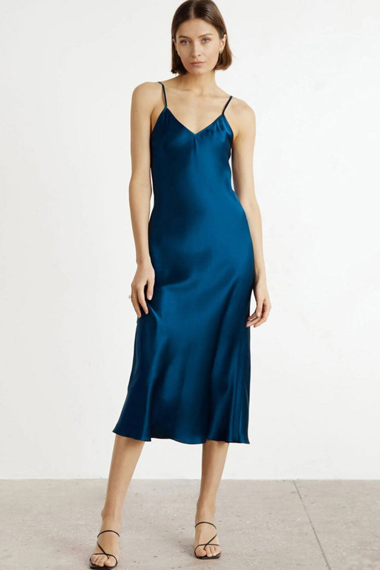 Chic French V Neck Spaghetti Strap Satin Slip Midi Dress - Navy Blue