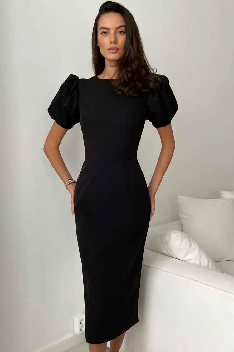 Crew French Neck Puff Sleeve Cocktail Party Midi Dress - Black