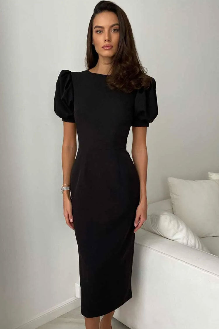 Crew French Neck Puff Sleeve Cocktail Party Midi Dress - Black