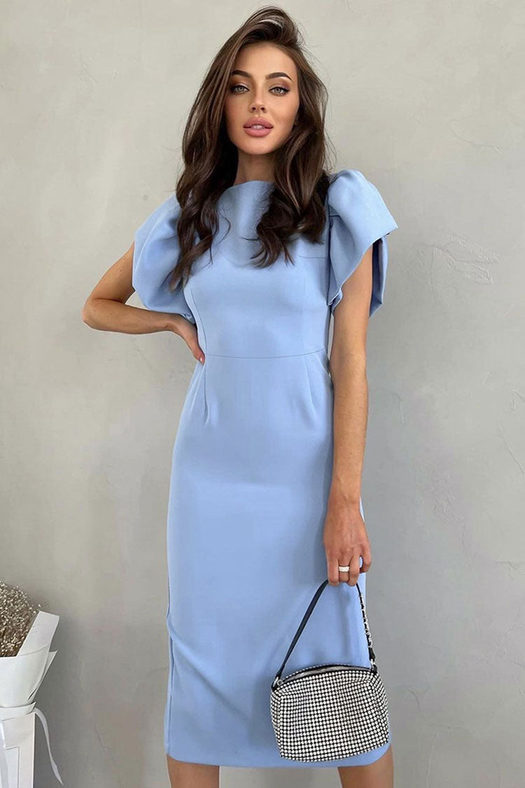 Crew French Neck Puff Sleeve Split Bodycon Cocktail Party Midi Dress - Blue