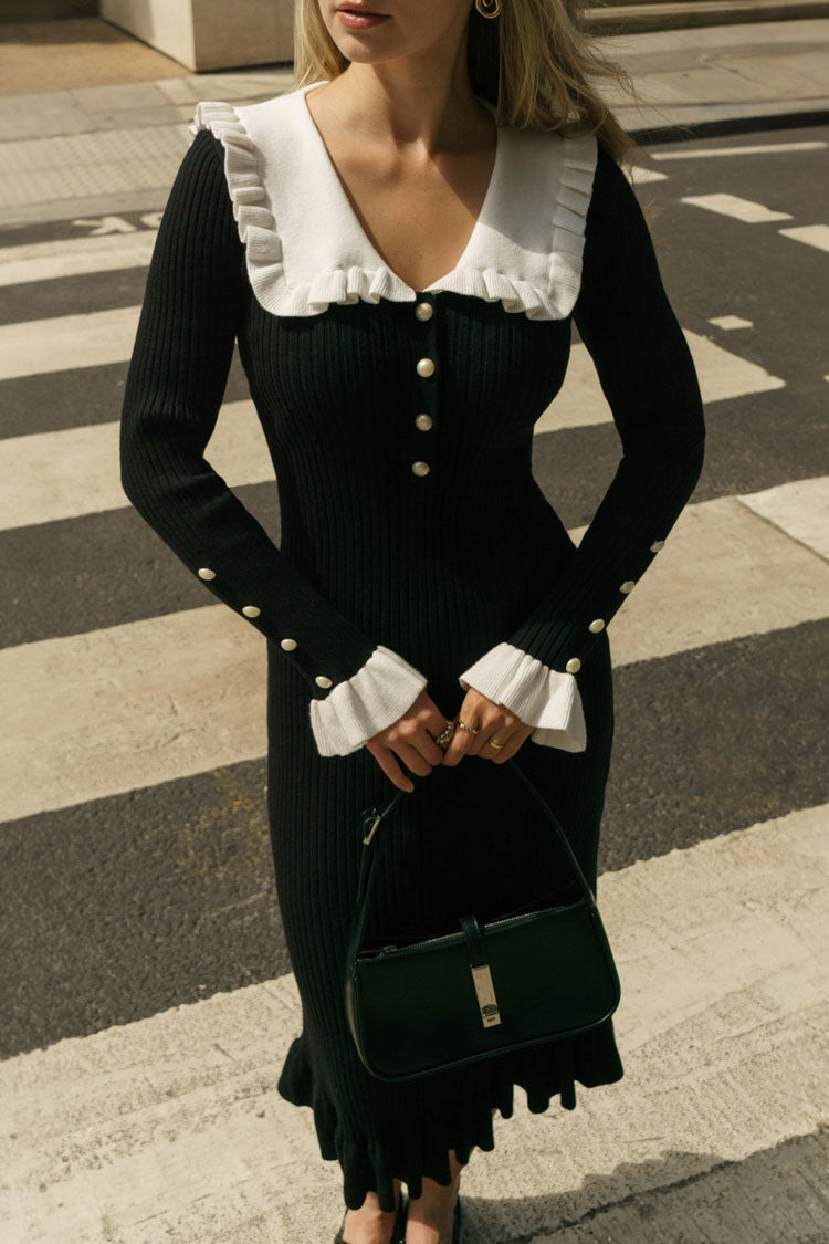 Peter French Pan Collar Half Button Ruffle Long Sleeve Sweater Midi Dress - Black