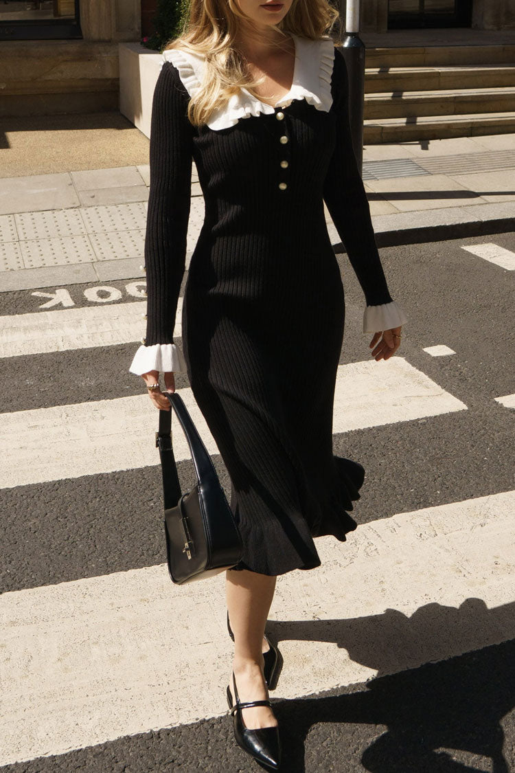 Peter French Pan Collar Half Button Ruffle Long Sleeve Sweater Midi Dress - Black