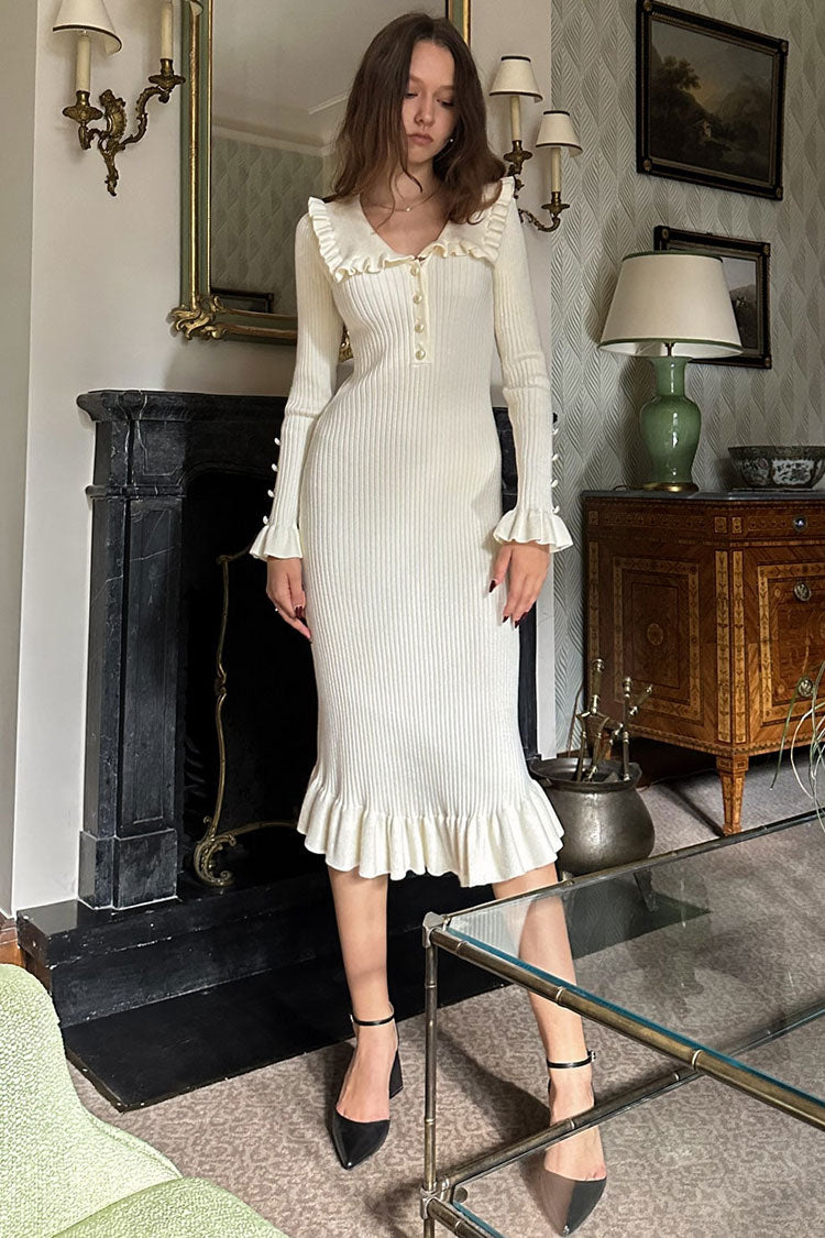 Peter French Pan Collar Half Button Ruffle Long Sleeve Sweater Midi Dress - Cream