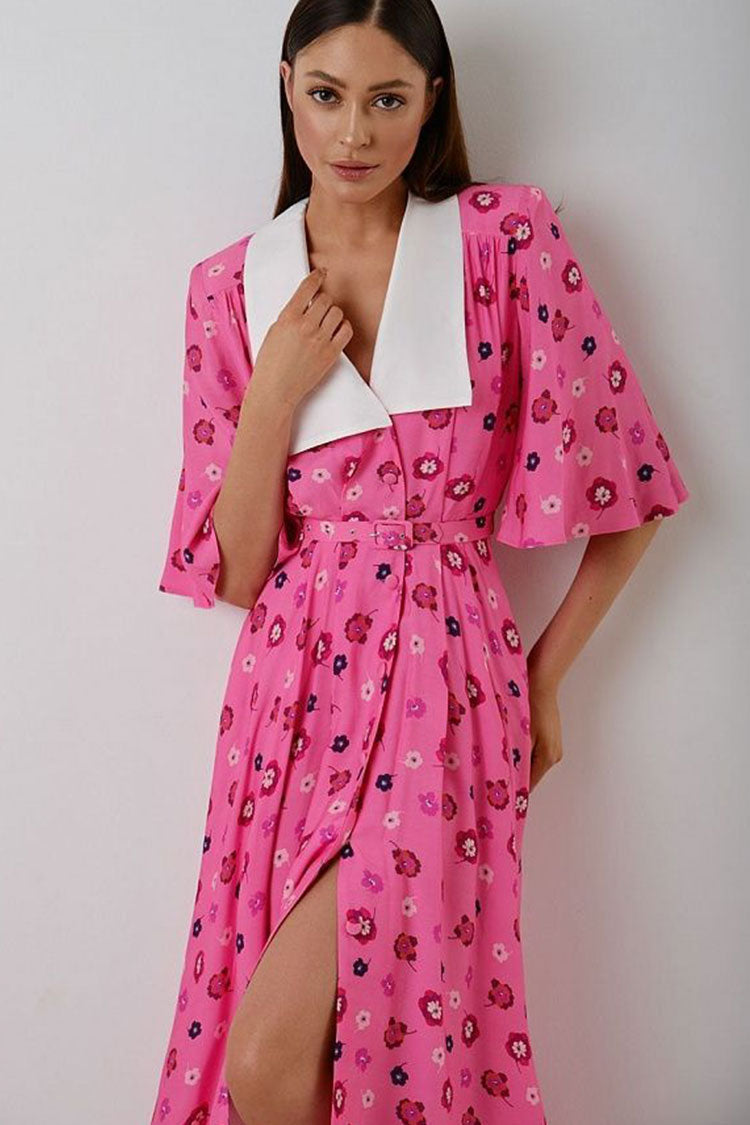 French Spread Collar Short Sleeve Button Down Bloom Midi Dress - Pink