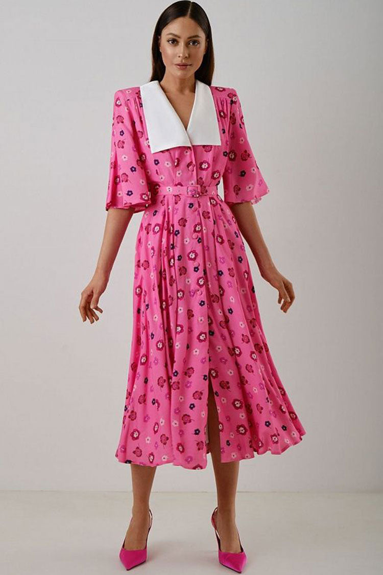 French Spread Collar Short Sleeve Button Down Bloom Midi Dress - Pink