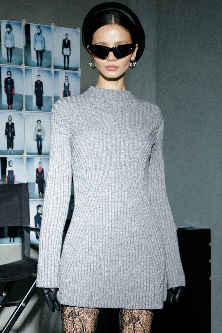 Style French Mock Neck Long Sleeve Chunky Rib Knit Winter Sweater Mini Dress - Gray