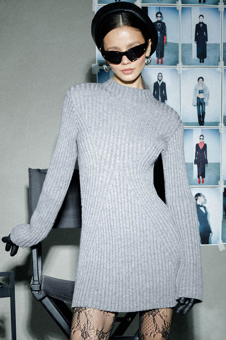 Style French Mock Neck Long Sleeve Chunky Rib Knit Winter Sweater Mini Dress - Gray
