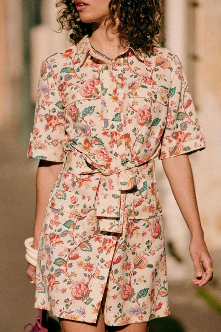 French Style Short Sleeve Button Up Printed Shirt Mini Dress - Bloom