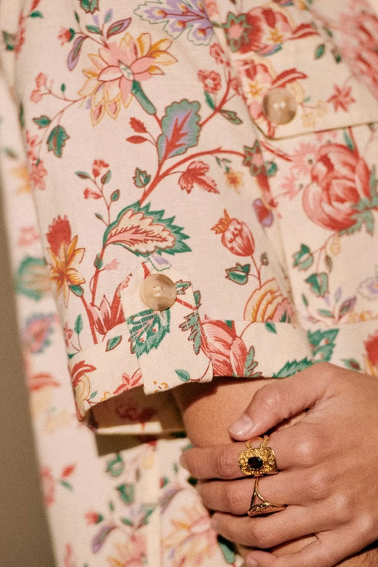 French Style Short Sleeve Button Up Printed Shirt Mini Dress - Bloom