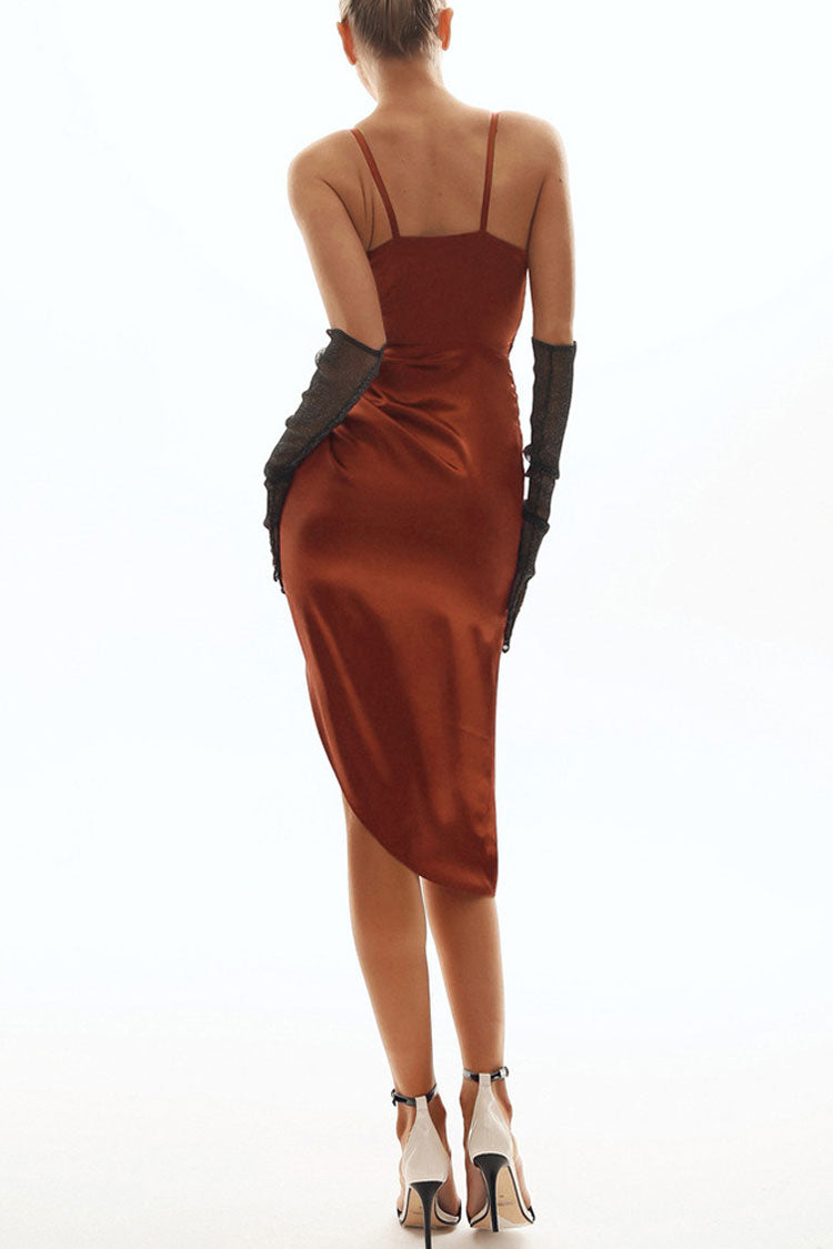 Style French Wrap V Neck High Slit Draped Slip Midi Dress - Brick Red