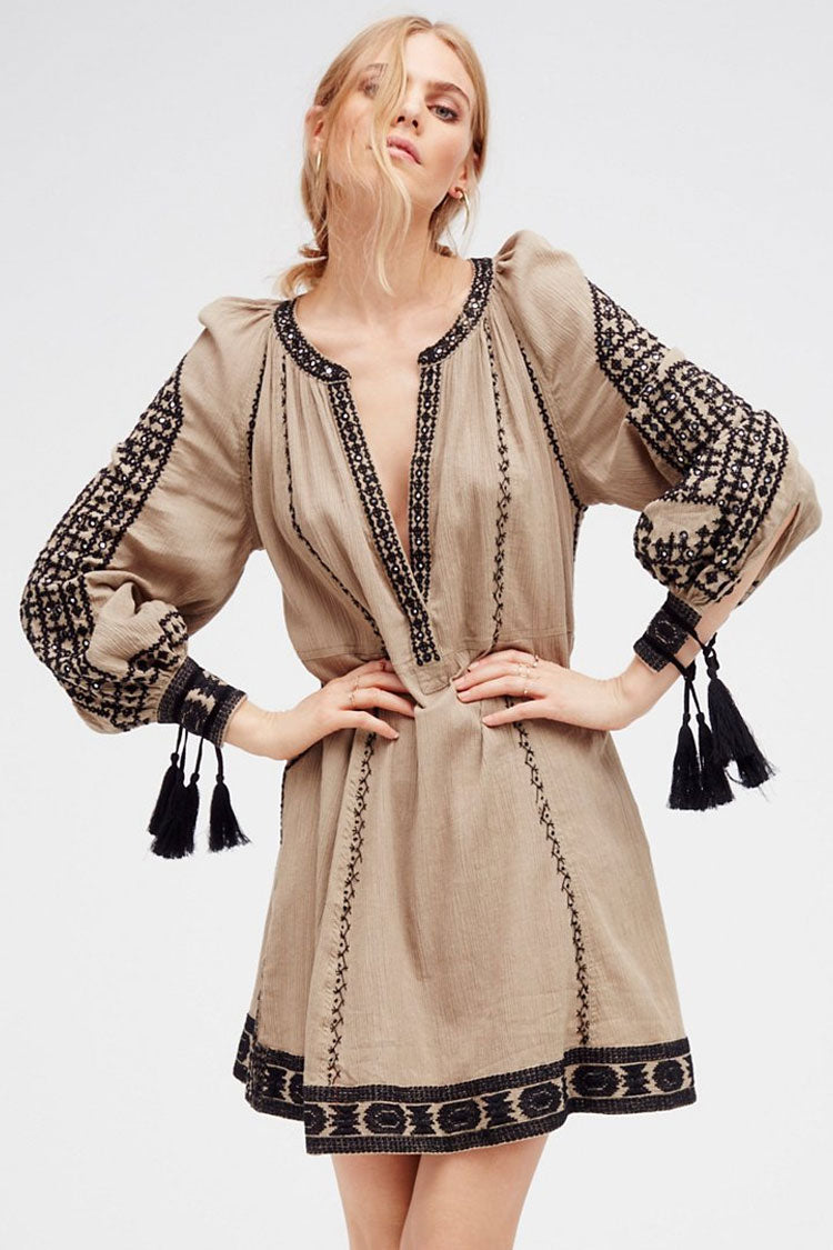 Ethnic Fringe Embroidered Long Sleeve Boho Style Mini Dress - Gray