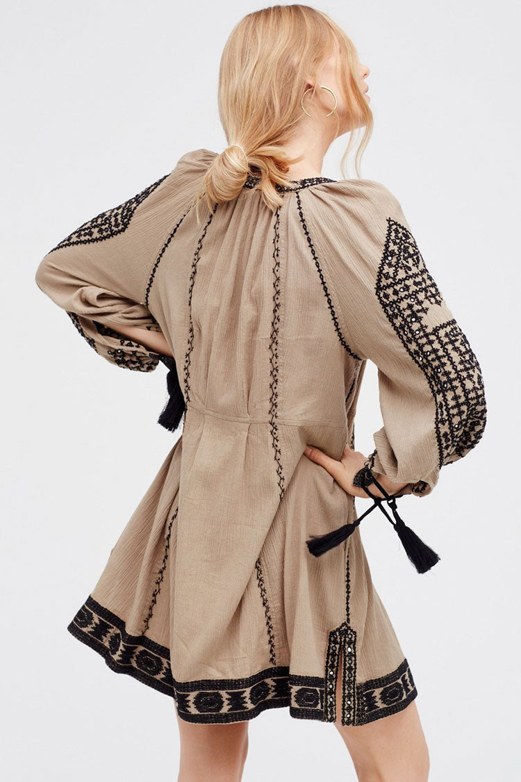 Ethnic Fringe Embroidered Long Sleeve Boho Style Mini Dress - Gray