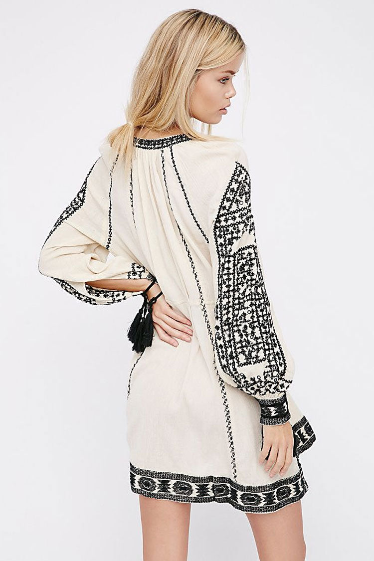 Ethnic Fringe Embroidered Long Sleeve Boho Style Mini Dress - White