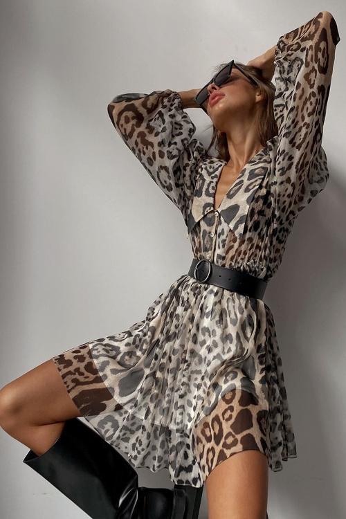 Timeless Melisa Printed Chiffon V Neck Mini Dress with Belt Designer Edit