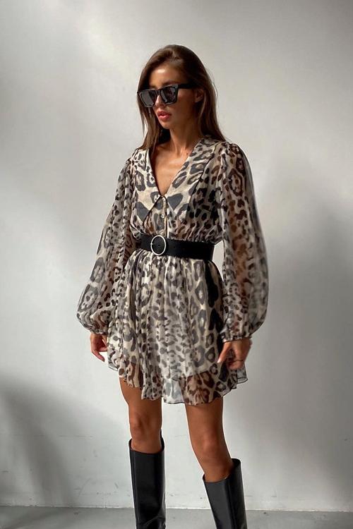 Timeless Melisa Printed Chiffon V Neck Mini Dress with Belt Designer Edit