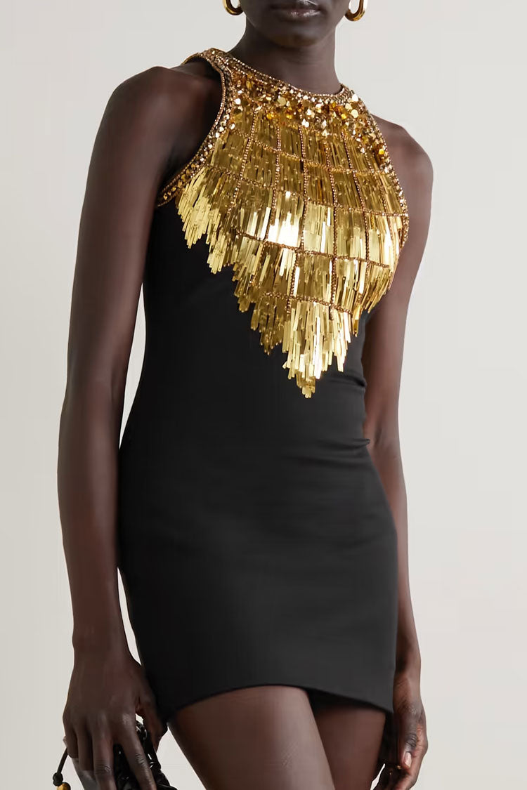 Metallic Gatsby Embellished Sleeveless Bodycon Party Mini Dress - Black