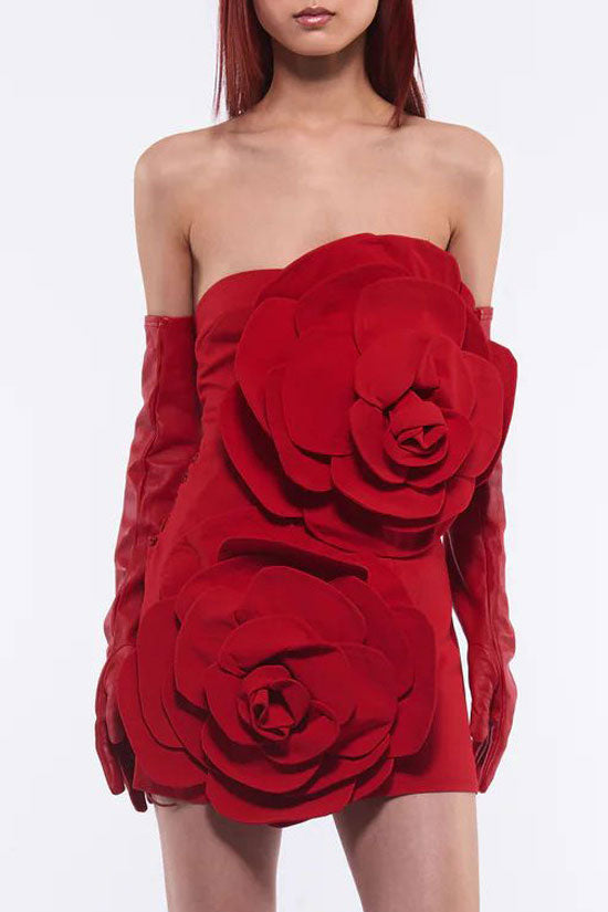 Oversized Glamorous 3D Rosette Applique Strapless Bodycon Party Mini Dress - Red