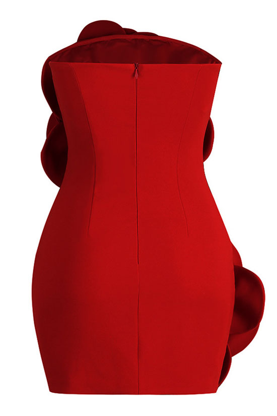 Oversized Glamorous 3D Rosette Applique Strapless Bodycon Party Mini Dress - Red