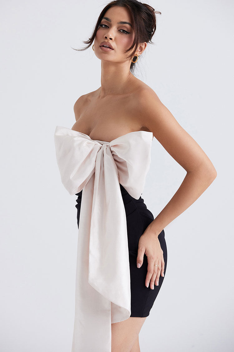 Oversized Glamorous Bow Trim Two Tone Satin Pleated Strapless Mini Dress - Black