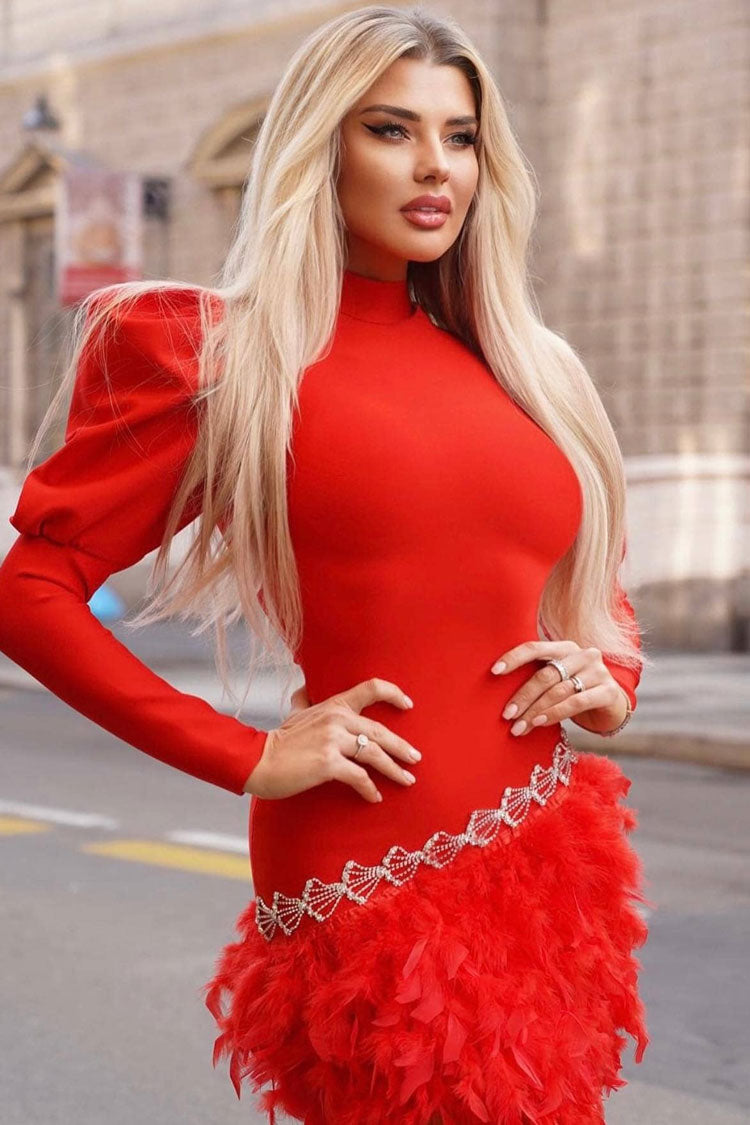 Puff Glamorous Sleeve Rhinestone Faux Feather Trim Party Mini Dress - Red