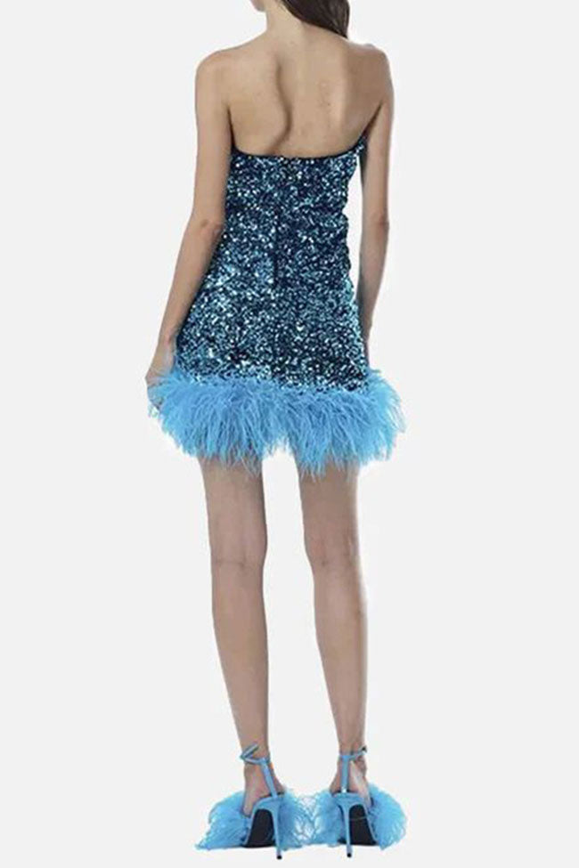 Feather Glamorus Trim Strapless Velvet Sequin Party Mini Dress - Blue