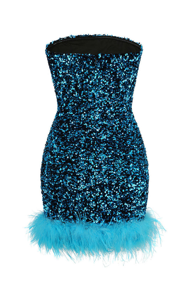 Feather Glamorus Trim Strapless Velvet Sequin Party Mini Dress - Blue
