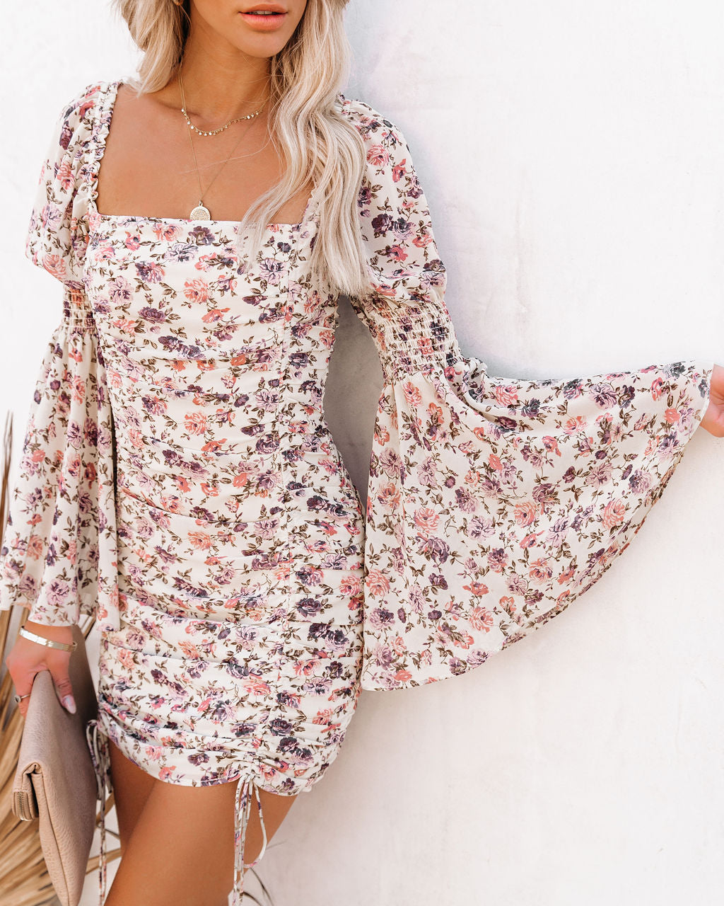 Graylynn Ruched Bloom Bell Sleeve Dress