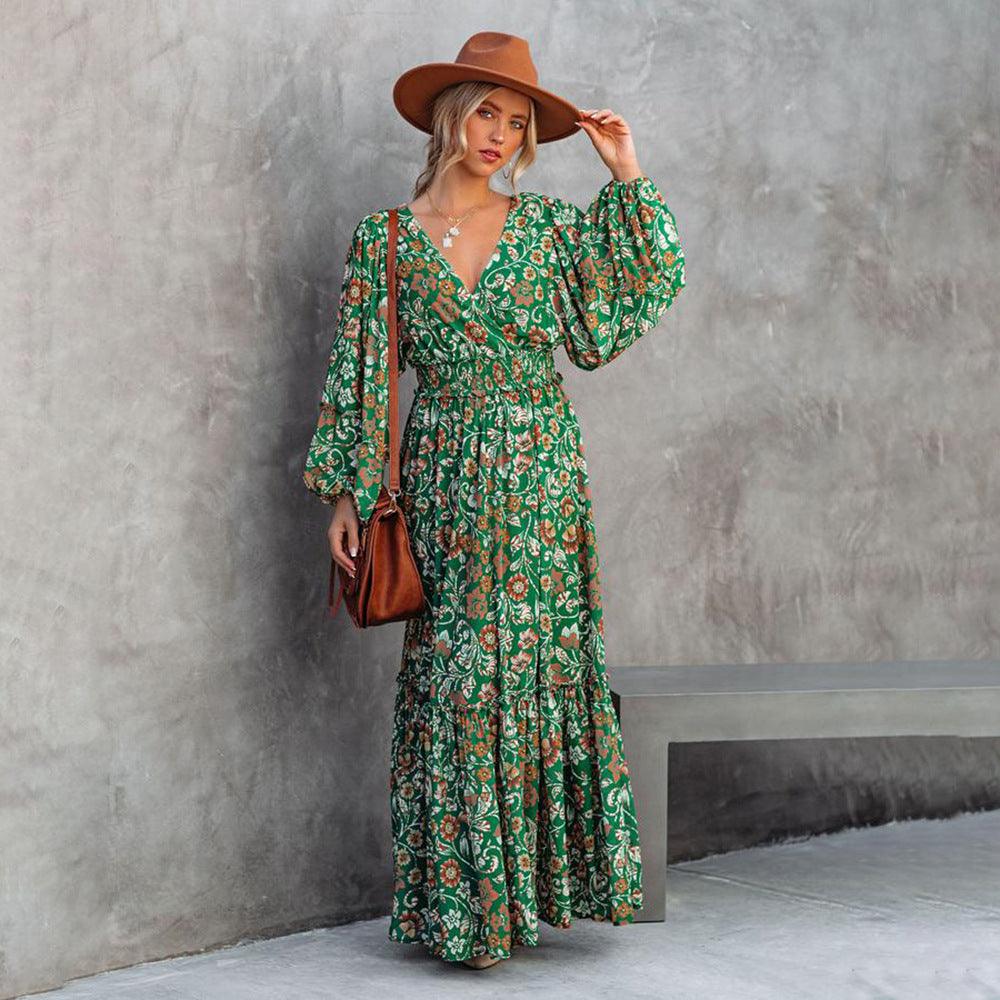 Viviana Aesthetic Green Floral Bohemian Maxi Dress Boutique Edit