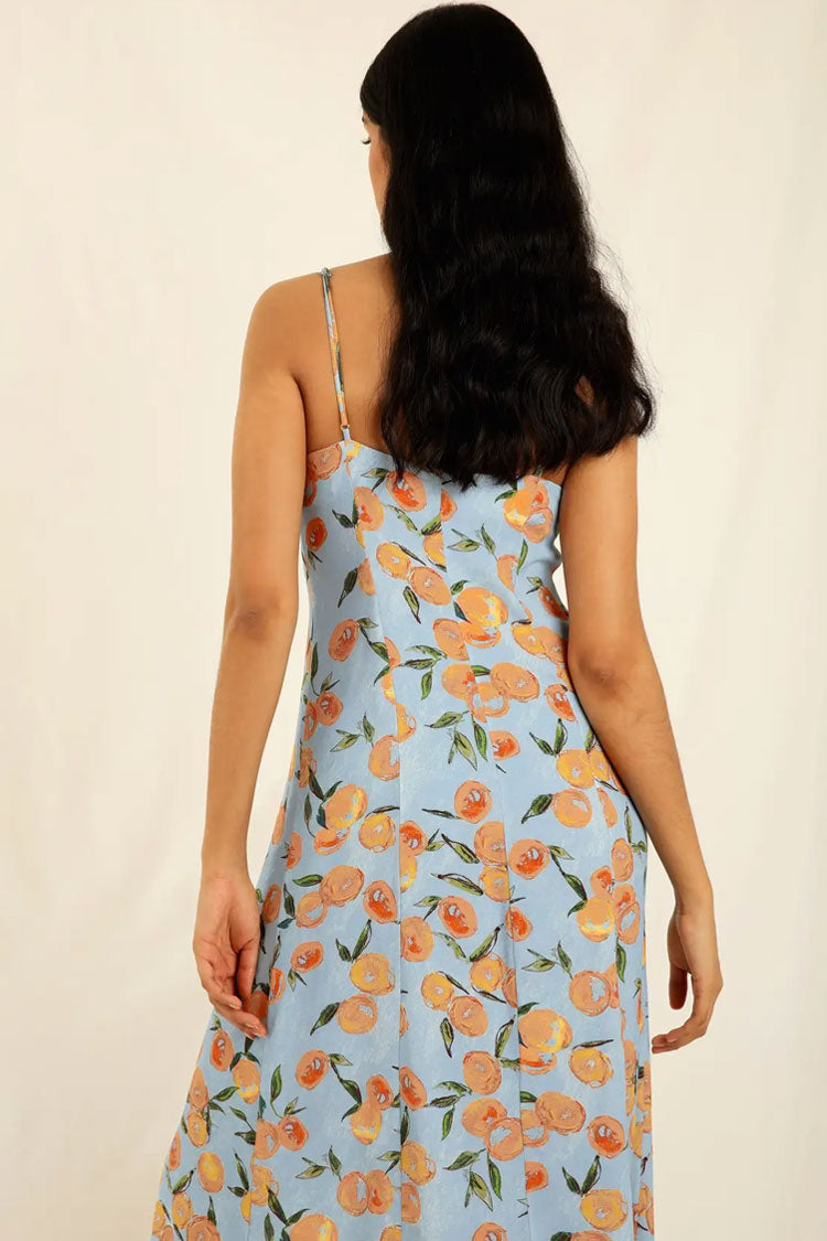 Fruit Groovy Printed Button Up French Style Slip Midi Dress -Blue