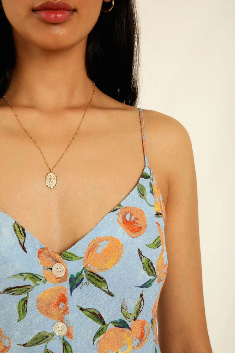 Fruit Groovy Printed Button Up French Style Slip Midi Dress -Blue