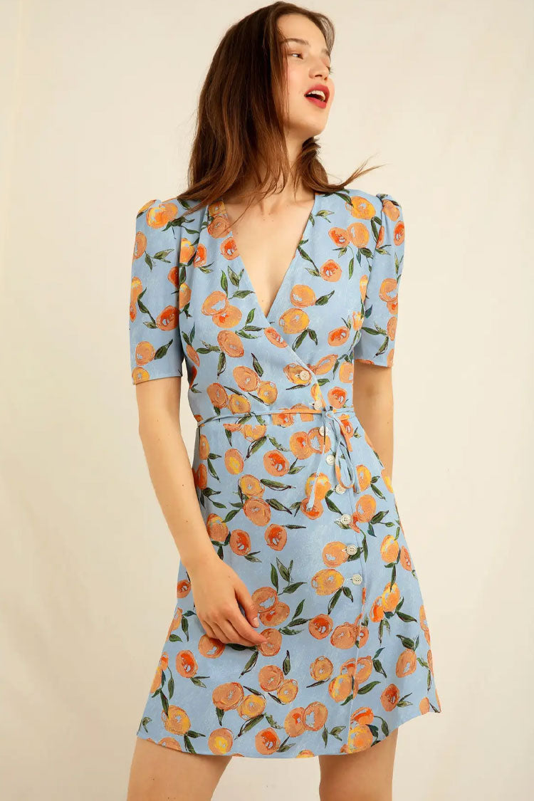 Fruit Groovy Printed Puff Sleeve French Style Wrap Mini Dress -Blue