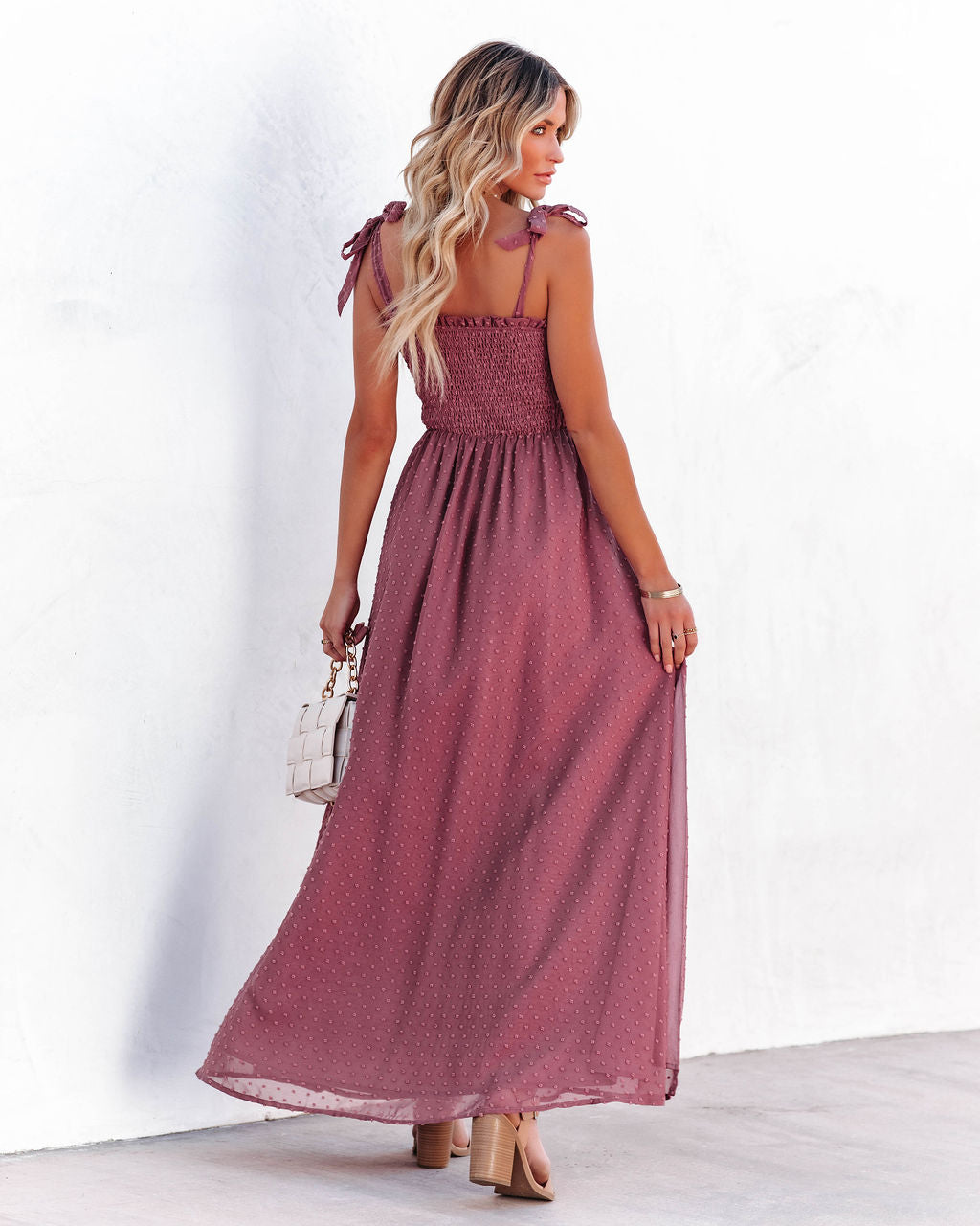 Hazelle Smocked Swiss Dot Maxi Dress Dark Mauve