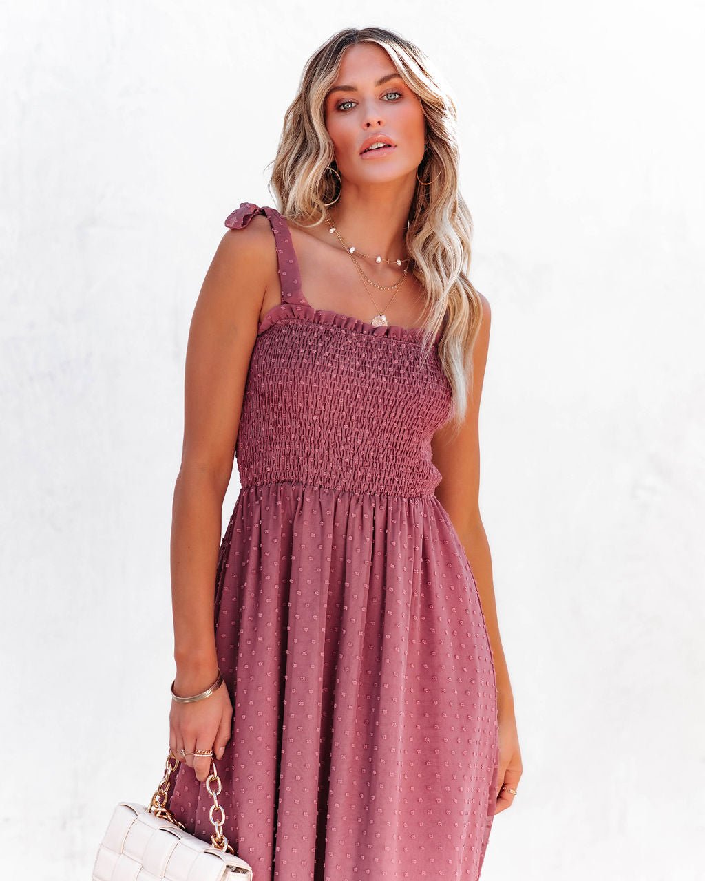Hazelle Smocked Swiss Dot Maxi Dress Dark Mauve