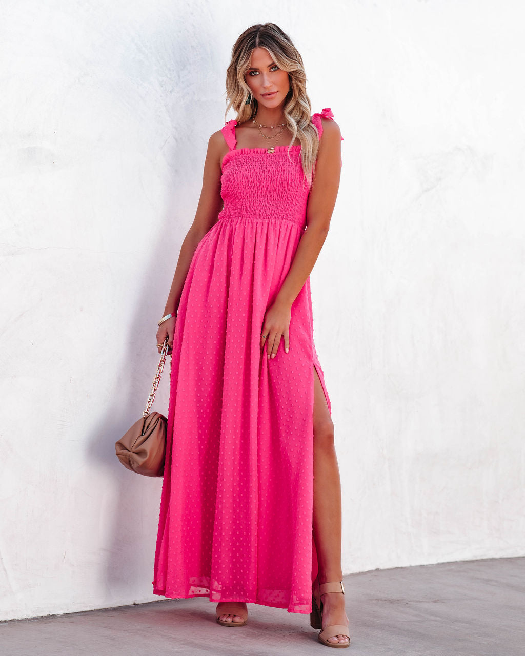 Hazelle Smocked Swiss Dot Maxi Dress Fuchsia